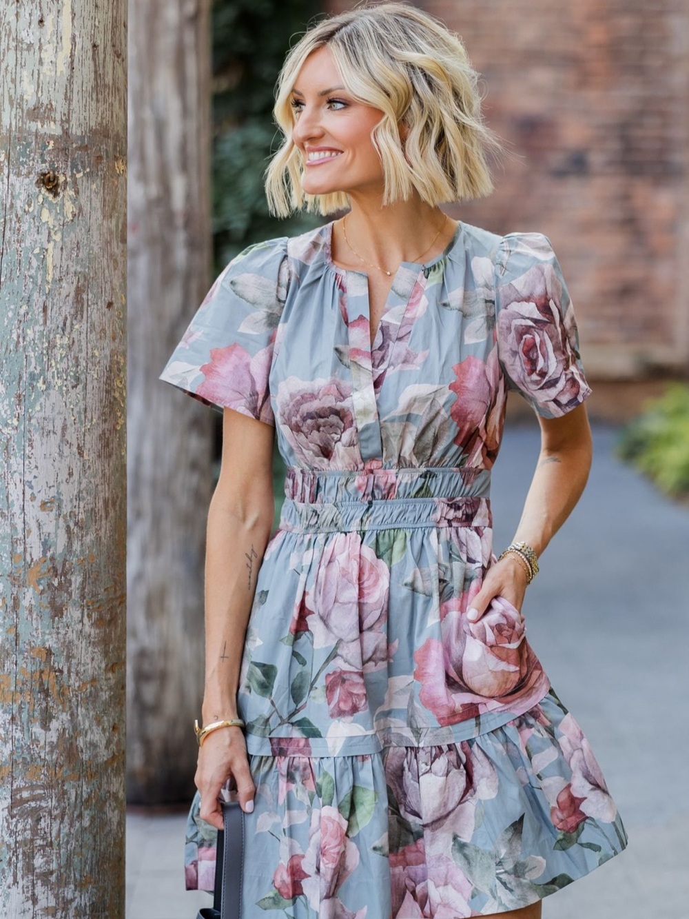 Anthropologie somerset Pastel Blue Mini Dress with Pink Rose Print